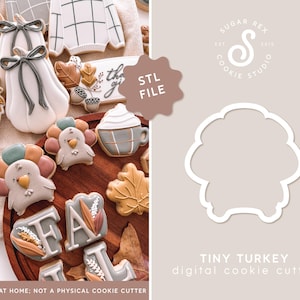 May include: A digital cookie cutter design for a tiny turkey. The STL file is for 3D printing at home. The image shows a variety of cookies decorated with fall themes, including a turkey, leaves, and the word "Fall".