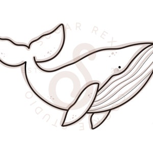 Op de afbeelding: Een zwart-witte lijntekening van een walvis in een eenvoudige, cartoonachtige stijl. De walvis zwemt naar rechts en heeft een klein oog en een mond.