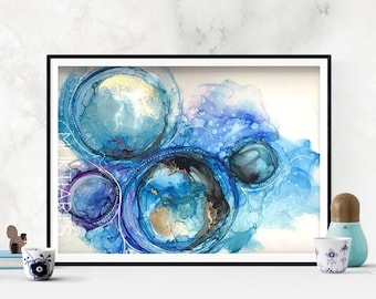 Blues, Original Artwork, Alcohol Ink painting, Abstract Art, wall Decor