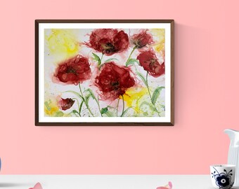 Original Red Poppy Alcohol Ink Painting, Abstract Floral Wall Art (14x11 inch)