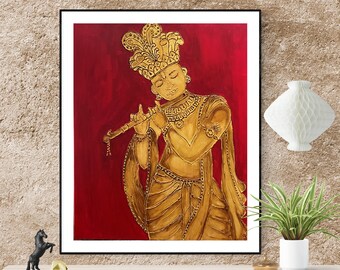 Krishna with Basuri, Lord Krishna, Hare Krishna, Hand made mixed media art, Wall Decor, Contemporary Krishna,
