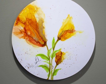 Original Floral Alcohol Ink Painting – Handmade Round Resin Wall Art, 12 Inch