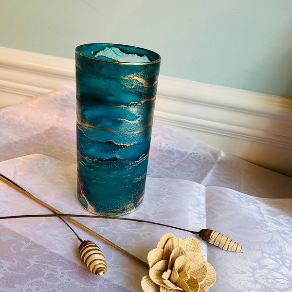 Teal Alcohol Ink Candle holder, Glass candle holder, Glass Vase, home decor