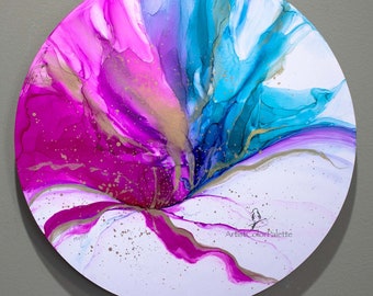 Original Floral Alcohol Ink Painting – Handmade Round Resin Wall Art, 12 Inch