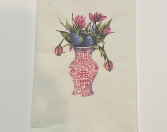 Red and white chinoiserie vase with tulips guest towel or dinner napkin