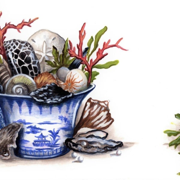 Chinoiserie Pail with Sea Shells | Disposable Placemats | 12 x 18 | Pack of 20 | Grand Millennial