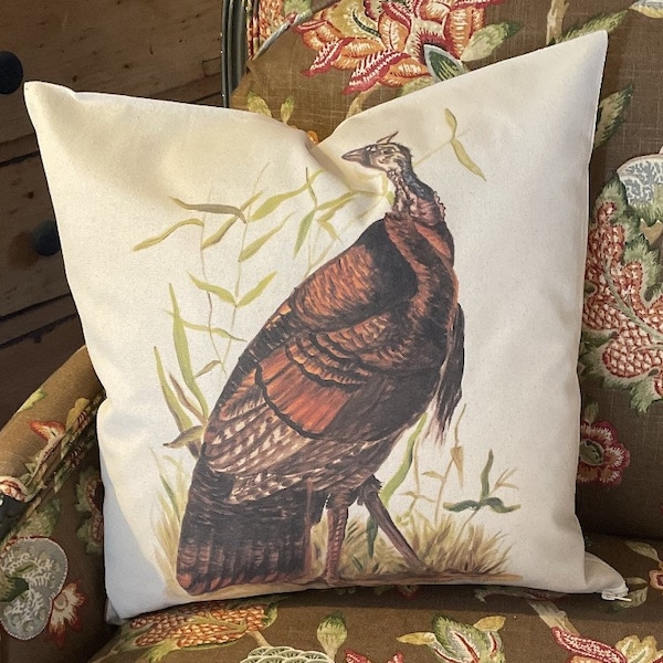 Majestic Turkey Pillow Cover | 18 x 18 | 100% Cotton | PILLOW COVER ONLY |White or Natural Fabric