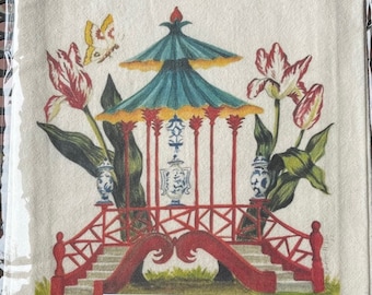 Pagoda with Parrot Tulips Tea Towel | 28 x 28 | 100% Cotton | white or natural