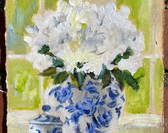 Chinoiserie Vase with White Hydrangeas Print | Lokta Paper | Blue & White | 2 sizes