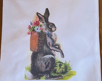 Rabbit with Flowers Looking Right | Pillow Cover | 24 x 24 | Pillow Cover ONLY | Easter | Springtime