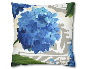 Square Poly Canvas 18"x18" Hydrangea and Chinoiserie Pillow