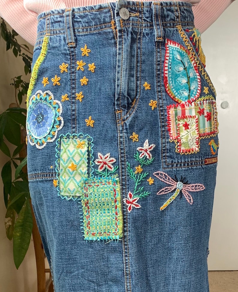 Lucky Hand Embroidered Jean Skirt