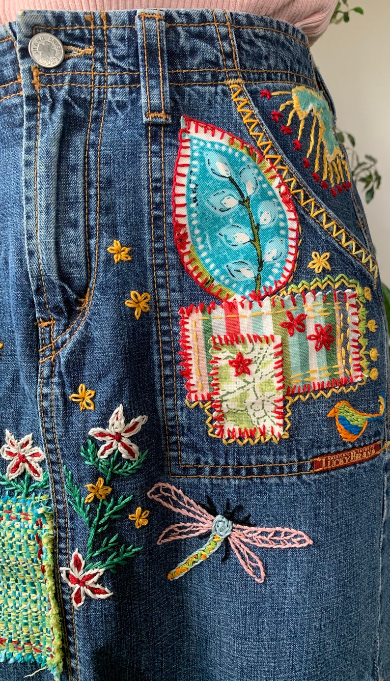 Lucky Hand Embroidered Jean Skirt
