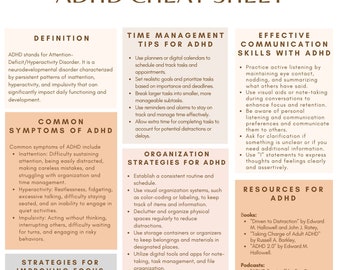 ADHD Cheat Sheet; Attention Deficit Hyperactivity Disorder Resources; ADHD Tools; Executive Function Resources; ADHD Therapy