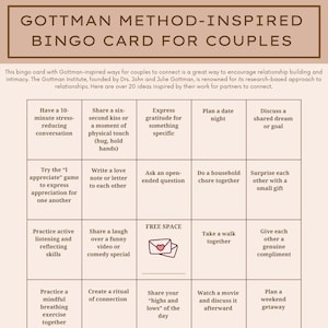 Von der Gottman Methode inspirierte Bingo Karte für Paare; Gottman Methode Therapie-Werkzeuge; Gottmann Paare Beratung; Paare Therapie Werkzeuge