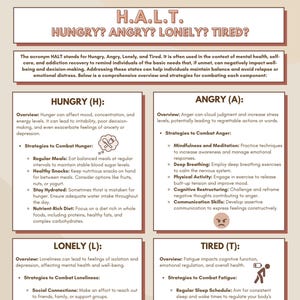 HALT; Hungry Angry Lonely Tired; Addiction Resources; Self-care Resources; Identifying Your Triggers; HALT Resource