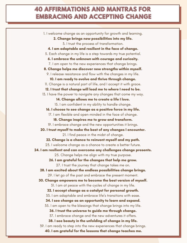 40 Affirmations for Embracing Change: Mindset Worksheet - Etsy