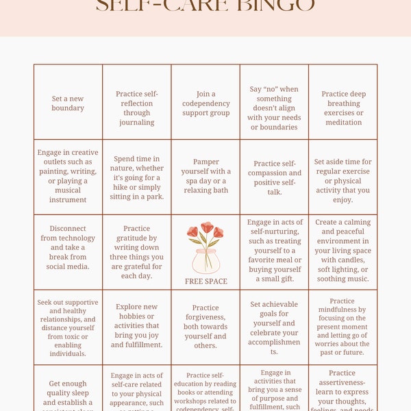 Codependency Recovery Self-Care Bingo; Codependency Healing; Codependency Recovery; Self Care Ideas In Recovery