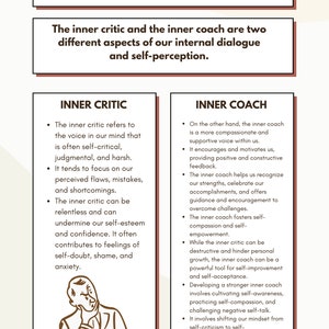 Inner Critic Vs. Inner Coach; Inner Critic Work; Self-Esteem; Self-Confidence; Self-Worth; Therapy Tools; Therapy Worksheets