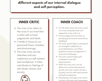 Inner Critic Vs. Inner Coach; Inner Critic Work; Self-Esteem; Self-Confidence; Self-Worth; Therapy Tools; Therapy Worksheets