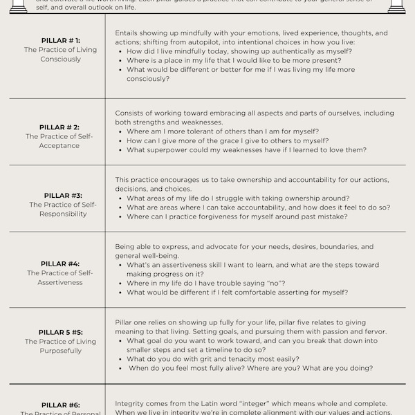 The Six Pillars of Self-Esteem & Journal Prompts