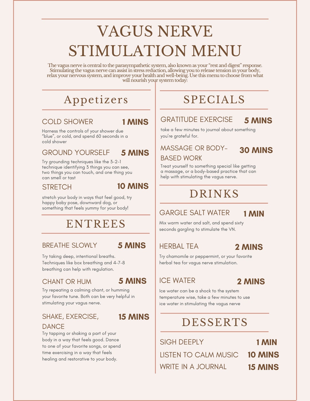Vagus Nerve Stimulation Menu: Polyvagal Theory Worksheets (digital ...