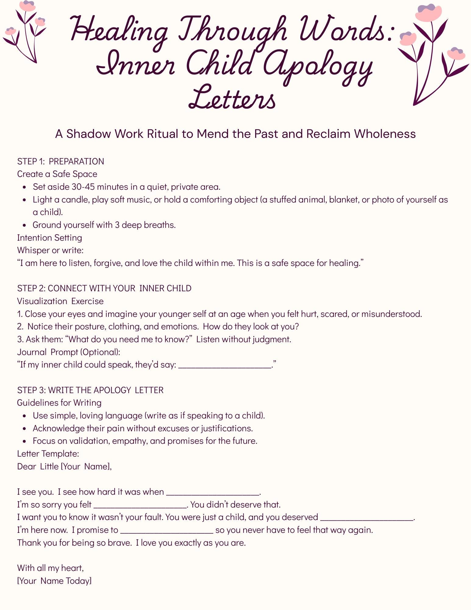 Inner Child Apology Letters; Inner Child Resources; Shadow Work Resources; Shadow Work Healing Resources; Shadow Prompts