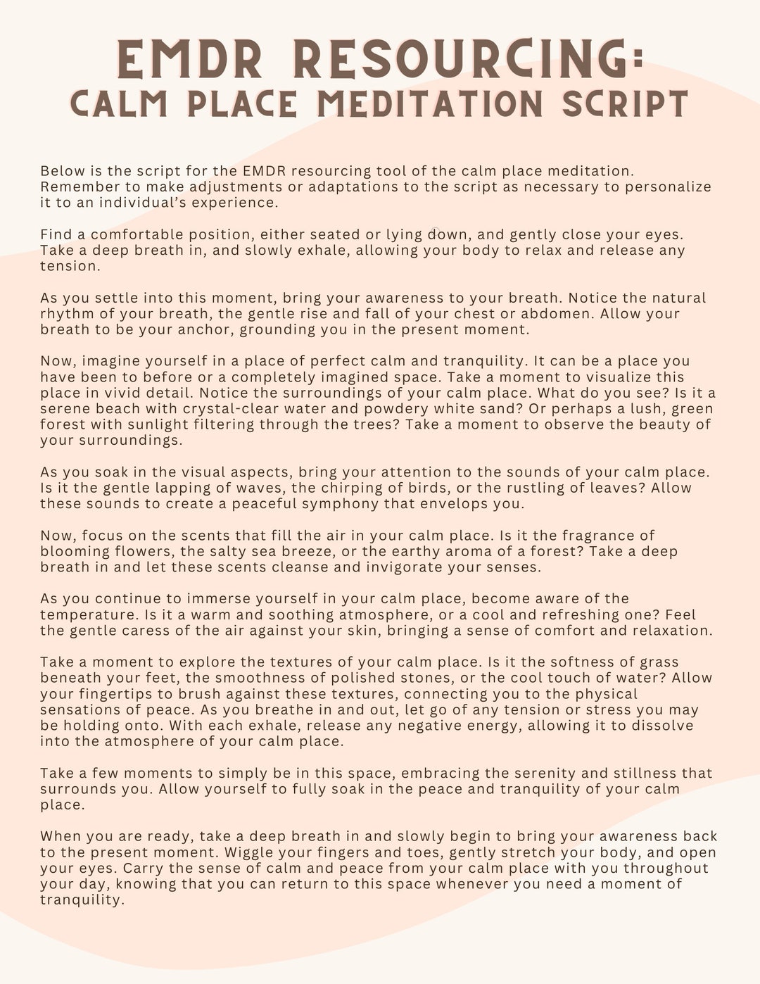 EMDR Resourcing Calm Place Meditation Script Eye Movement