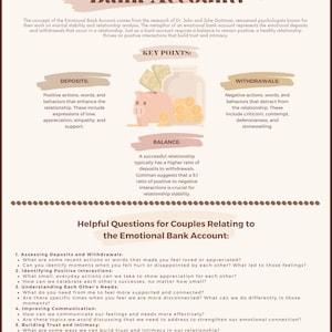 Compte bancaire émotionnel ; Outils de thérapie Gottman ; Ressources Gottman ; thérapie de couple Gottman ; Feuilles de travail pour le counseling de couple