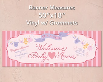 Welcome Baby Girl Banner: Pink & Purple Vinyl Party Sign (18”x50”)