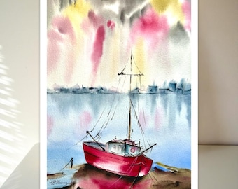 Originele aquarel: noorderlichtbootkunst, Canadees landschap