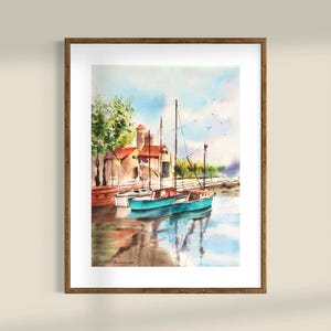 Boats in Harbor original watercolour  Sail Boat Art coastal village wall Art Nautical Landscape Boats seaside Decor Yacht sailing Decor gift