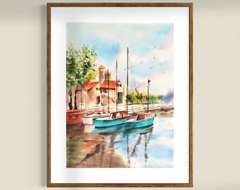 Watercolor Harbor Painting: Coastal Village Sailboats, Nautical Wall Art