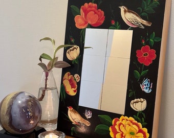 Iranian flower and chicken pattern with acrylic on wood frame and mirror in the middle