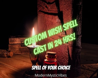 Pode incluir: Um livro antigo encadernado em couro com o texto "CUSTOM WISH SPELL CAST IN 24 HRS! SPELL OF YOUR CHOICE ModernMysticVibes" na capa. Uma vela acesa e uma pequena garrafa de líquido vermelho estão na frente do livro sobre uma superfície de madeira.