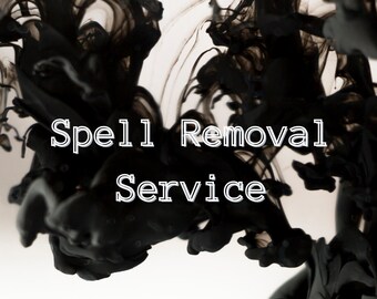 May include: Black ink swirling in water with the text "Spell Removal Service" in white.