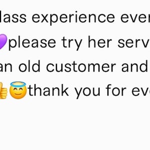 May include: Purple hearts and a thumbs up emoji with a halo. Text reads: "First class experience every single time please try her services; I have been an old customer and return every time thank you for everything Laura 100"