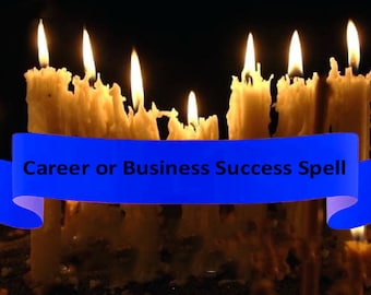May include: A collection of lit candles with melting wax, set against a dark background. A blue banner across the image reads "Career or Business Success Spell". The candles have bright yellow flames.