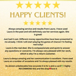 Puede incluir: Una rese&ntilde;a de cinco estrellas para un servicio con el texto "HAPPY CLIENTS!" y un testimonio sobre la proveedora de servicios, Laura. El testimonio destaca el incre&iacute;ble servicio, los resultados, la compasi&oacute;n y la comunicaci&oacute;n de Laura. El cliente afirma ser un cliente habitual y recomienda encarecidamente el servicio.