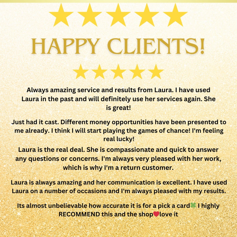 Puede incluir: Una rese&ntilde;a de cinco estrellas para un servicio con el texto "HAPPY CLIENTS!" y un testimonio sobre la proveedora de servicios, Laura. El testimonio destaca el incre&iacute;ble servicio, los resultados, la compasi&oacute;n y la comunicaci&oacute;n de Laura. El cliente afirma ser un cliente habitual y recomienda encarecidamente el servicio.