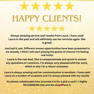 May include: A five-star review for a service with the text "HAPPY CLIENTS!" and a testimonial about the service provider, Laura. The testimonial highlights Laura's amazing service, results, compassion, and communication. The reviewer states that they are a return customer and highly recommends the service.