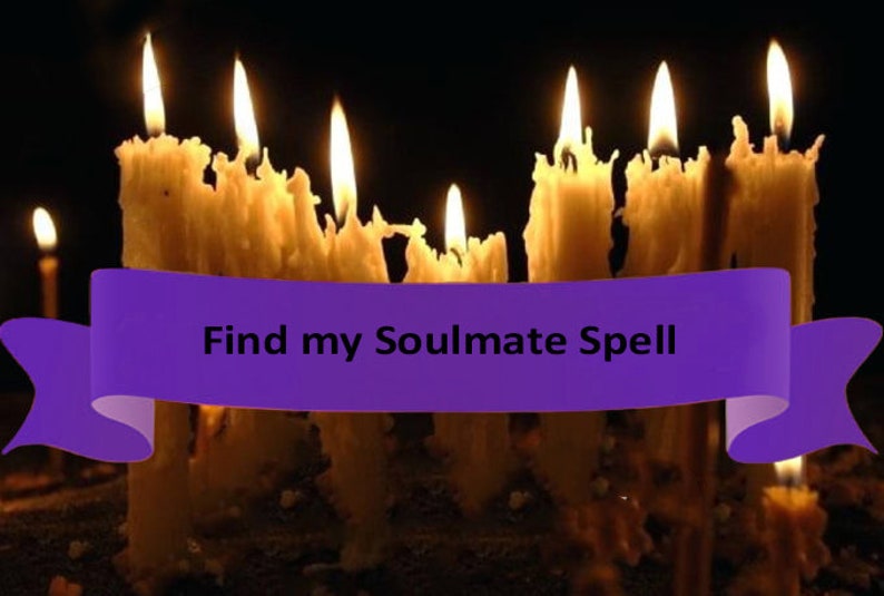 May include: A purple banner with the text "Find my Soulmate Spell" in front of a row of lit candles. The candles are all white and are burning brightly.