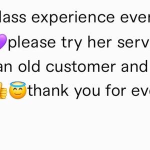 May include: Purple hearts and a thumbs up emoji with a halo. Text reads: "First class experience every single time please try her services; I have been an old customer and return every time thank you for everything Laura 100"