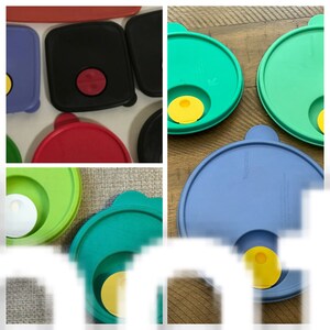 May include: Assortment of colorful plastic storage container lids with yellow, blue, green, red, and black lids. Some lids have a small yellow circle in the center.