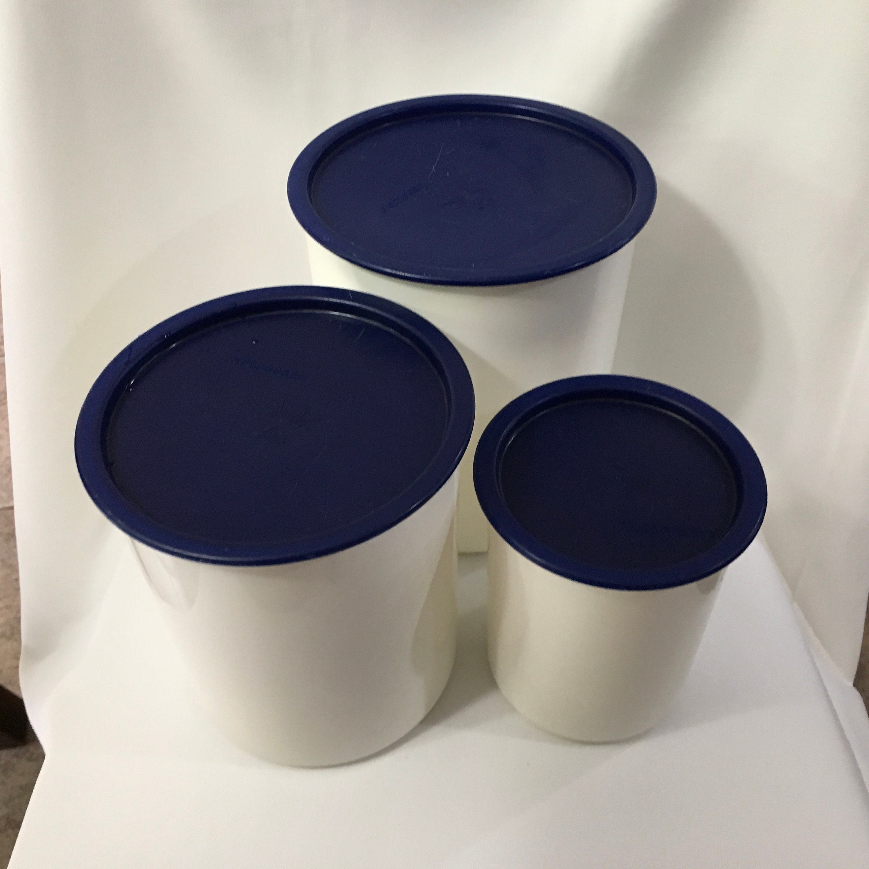 vintage tupperware canisters dark blue set of 4 with lids w/ creamer  container