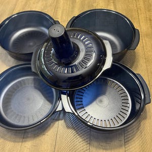 Vintage  Tupperware Tupperwave Stack Cooker Cookware System  Microwave Jewel Blue  Set Of 6  Colander 1 Qt ,   1 3/4 Qt, 3 Qt Casserole Cone
