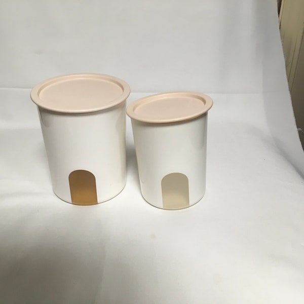 Tupperware One Touch Reminder Window Canister Set Of 2 Coffee Tea Sugar Baking Cookies Ivory Rose 2422 A 2420 B 2421 2423 Nesting Stacking