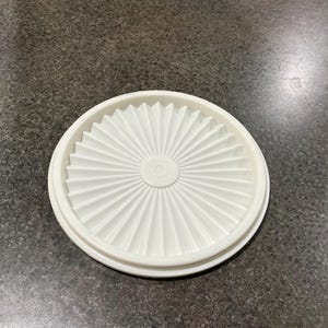 May include: White plastic lid with a circular, ridged design. The lid has a small, circular indentation in the center.