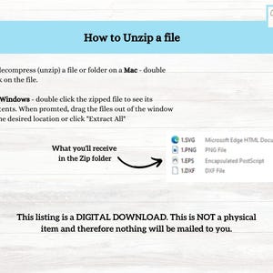 Puede incluir: Una gu&iacute;a de instrucciones de descarga digital con fondo blanco y texto negro. El texto explica c&oacute;mo descomprimir un archivo en una computadora Mac y Windows. La gu&iacute;a tambi&eacute;n enumera los archivos incluidos en la descarga: 1 archivo SVG, 1 archivo PNG, 1 archivo EPS y 1 archivo DXF.