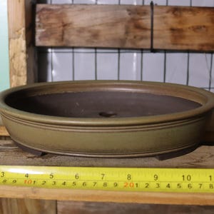 May include: A round, olive-green bonsai pot with a dark brown interior. The pot has a low profile with a slightly raised rim and sits on three small feet. A yellow measuring tape is placed in front of the pot.